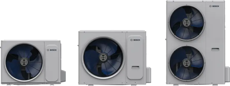 Three cabinet sizes in the Bosch IDS Edge outdoor heat-pump family