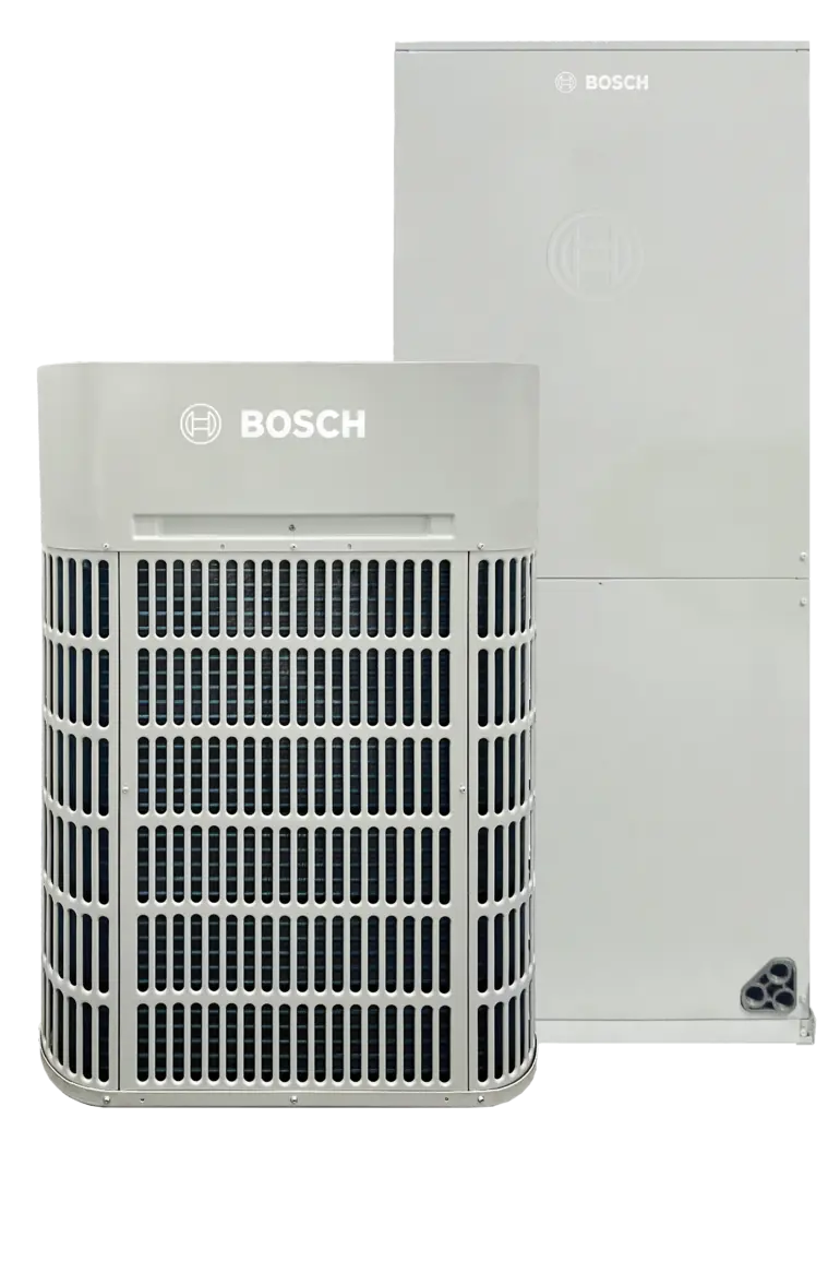 Bosch IDS Ultra outdoor heat pump beside its dedicated indoor air handler